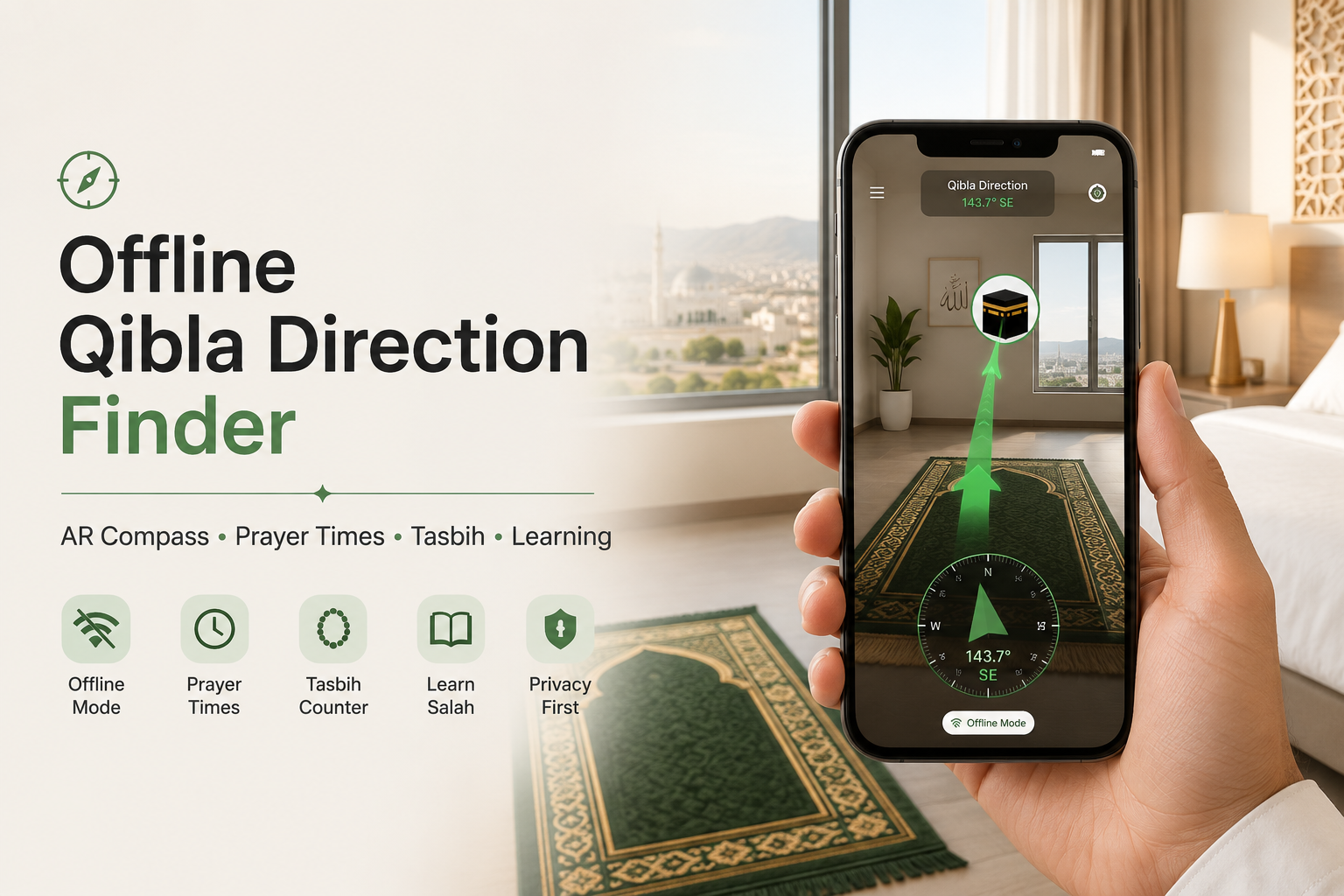 Offline Qibla Direction Finder with AR Qibla Compass: Prayer Times, Tasbih & Learning