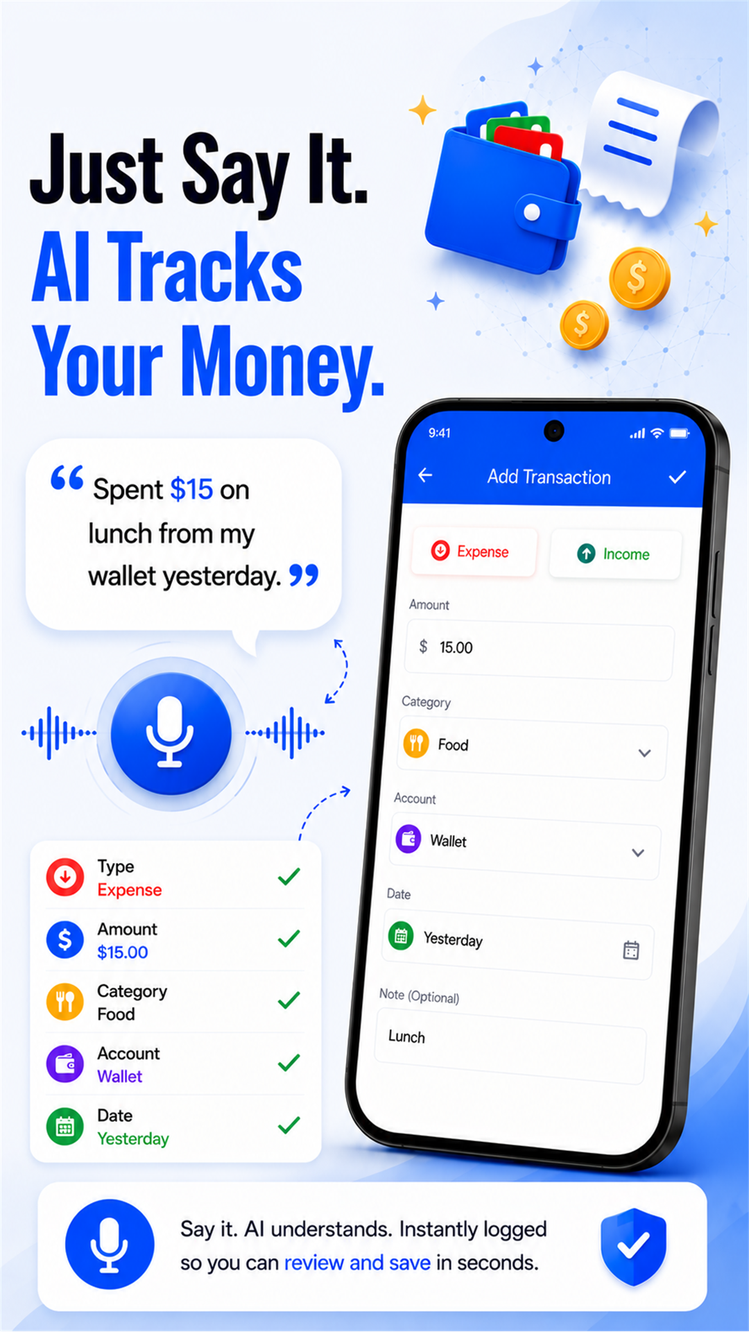 SaySpend – AI Voice Expense Tracker & Budget Planner Android app interface showing key features and user workflow view 1